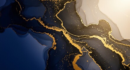 Obraz premium 輝く金箔 深紺と灰色の美しいマーブル模様 抽象画