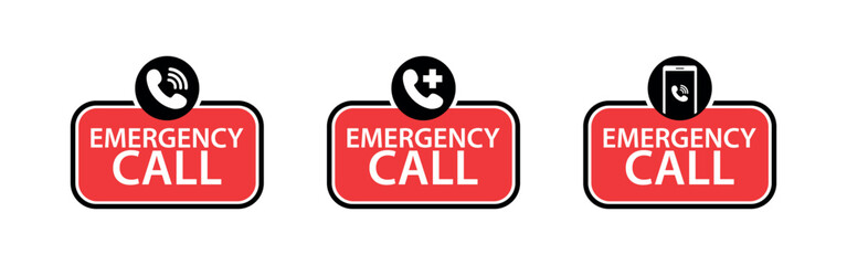 Red Emergency Call Button Vector Set Featuring Handset Silhouette, Medical Cross and Smartphone Graphics for Urgent Contact Design