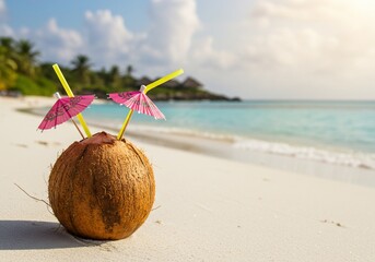 輝く白砂浜 ココナッツジュース 南国リゾート気分