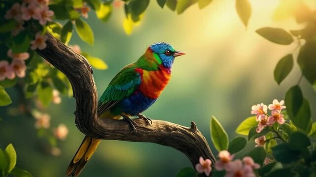 A vibrant bird flutters gracefully, its dazzling feathers shimmering in a kaleidoscope of radiant colors.

