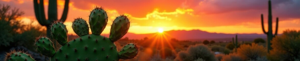 Naklejka premium Green prickly pear cactus fruits against a fiery sunset sky , clouds, plant, desert plant