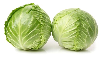 Fresh heads of green cabbage isolated on a white background presenting nutritious and wholesome vegetables for culinary purposes.