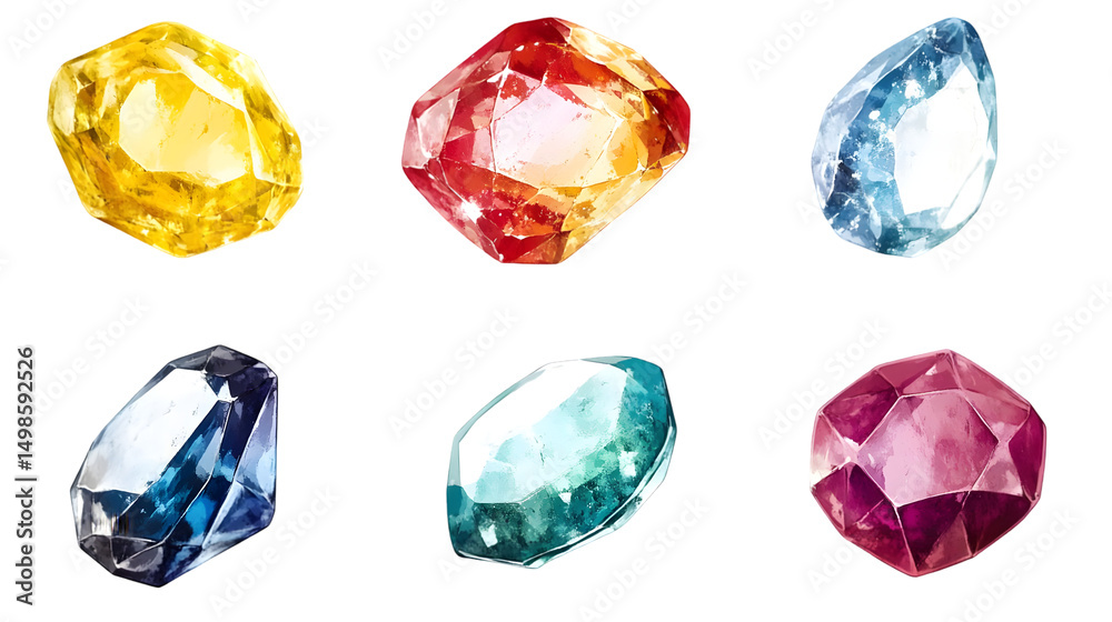 Poster set of colorful,faceted gems arranged in a pattern. isolated on transparent background
