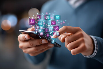 Man Using Smartphone with Digital Shopping Icons &ndash; Modern Mobile E-Commerce Experience, 