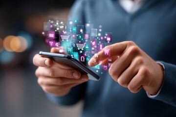 Man Using Smartphone with Digital Shopping Icons – Modern Mobile E-Commerce Experience, 