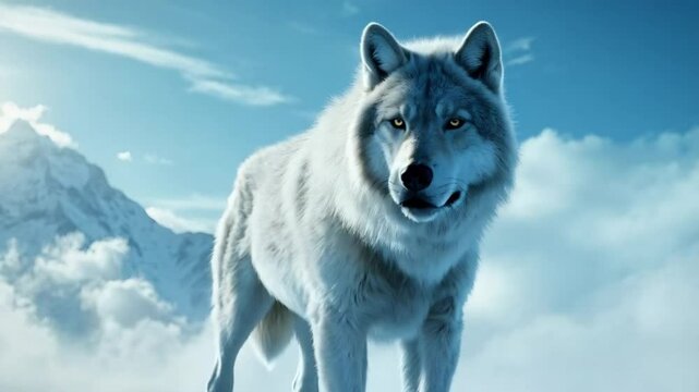 A lone wolf prowls through the silent snow, its breath misting in the icy midnight air.
