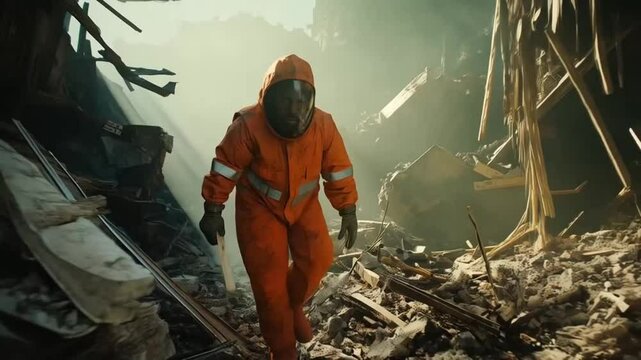 Rescue workers swiftly evacuate survivors, navigating shattered debris as the collapsed house crumbles into ruin.
