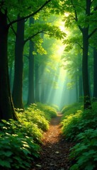 Obraz premium Lush green canopy, sunlight dappling forest floor, jade, growth