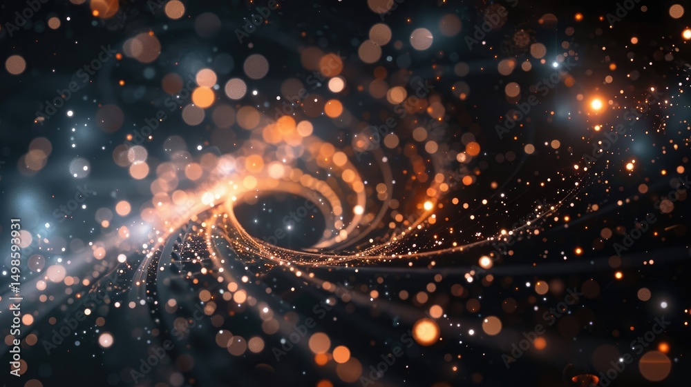 Poster sparse with spiraling trail of particles glowing dots setting against dark background in depth and m