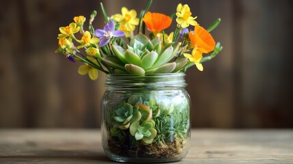 Fototapeta premium A bright green succulent growing in a jar, with small, colorful flowers like poppies and daffodils blooming around it.