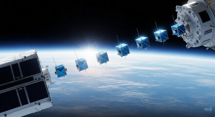 A row of small cube satellites (CubeSats) released from a spacecraft into orbit