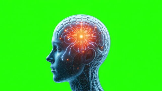human brain with chip inside on green screen