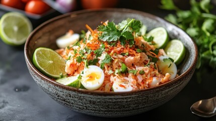 Fresh and Colorful Salad with Eggs, Lime, and Herbs in a Bowl