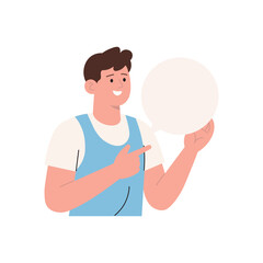 Illustration of a happy young man pointing at a blank speech bubble