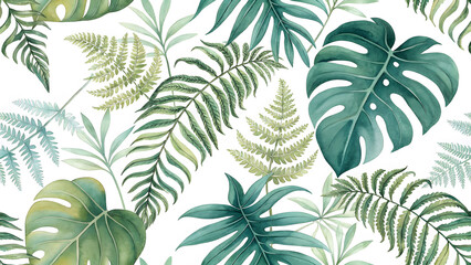 Watercolor seamless pattern with green leaves fern -background-with-overlapping-fern-and-mons 