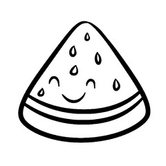 Cute cartoon watermelon slice with smiling face in hand-drawn doodle black and white style