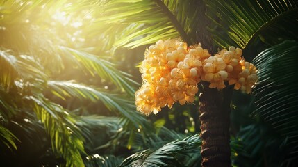 Bright Yellow Flowers on Tropical Palm Tree in Lush Green Environment