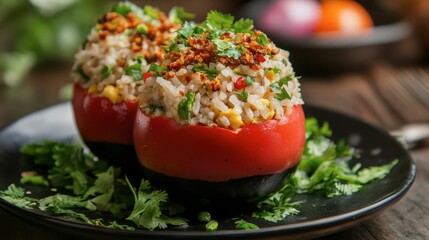 Stuffed Red Tomatoes with Rice and Herbs on Dark Plate