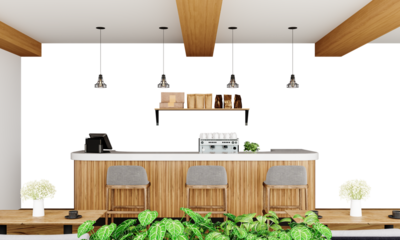 Free PNG wallpaper mockup in Coffee Shop Interior Design, Modern Coffee Shop Interior with Stylish Design, 3D rendering