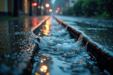 Overflowing storm drain during heavy rainfall, overflow, infrastructure