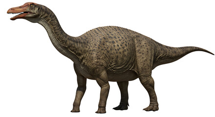 A Detailed Sauropod Dinosaur:  Elegant Posture, Brown Hues, and Speckled Skin
