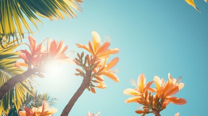 Bright Tropical Flowers Against Clear Blue Sky with Sun Rays