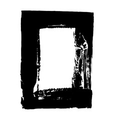 Watercolor grunge frame. Rough brush stroke. Torn dirty texture with black paint on white background. Fat damaged sprayed lines. Vintage retro style element for any design. Printing for textiles