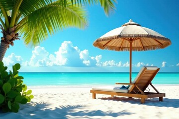 Fototapeta premium Relaxing beach chair under tropical parasol, white sand visible, comfort, idyllic