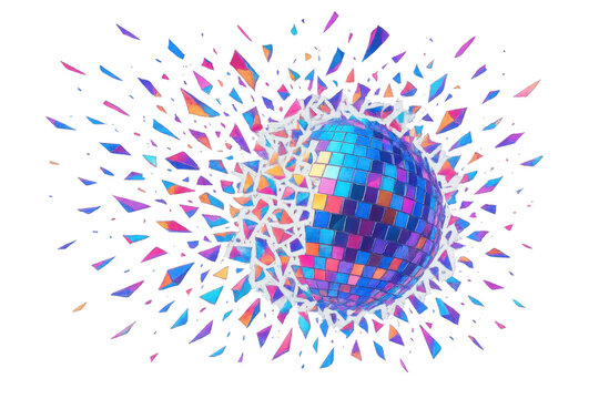 Colorful shards exploding from a disco ball, creating a vibrant and dynamic visual on a transparent background