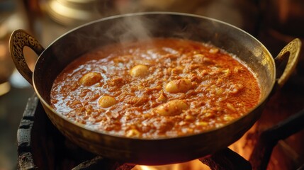 Rich and Flavorful Stew Cooking in Traditional Metal Pot over Fire