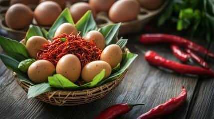 Fresh Eggs with Spices and Chili on Rustic Wooden Table