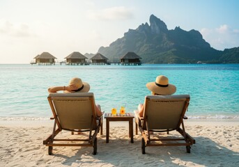 Two women enjoying cocktails and relaxation on a tropical beach with beautiful scenery.