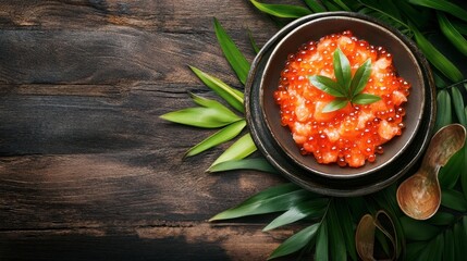 Fresh Red Caviar Served on Elegant Plate with Green Leaves Decor
