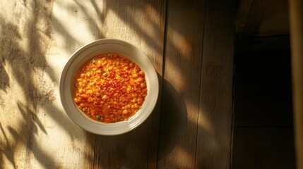 Colorful Bowl of Corn with Spices on Wooden Surface and Shadows