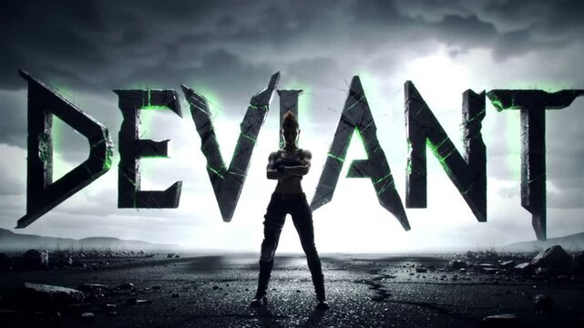 Dystopian Scene with DEVIANT Neon Text and Defiant Silhouette Under Lightning Storm &ndash; Cinematic Symbol of Rebellion

