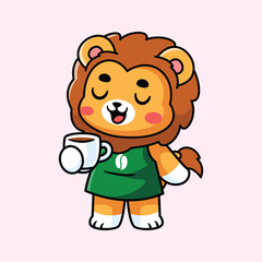 Cartoon Lion Mascot with Coffee Cup Illustration
