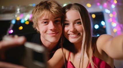 Teenage Friends Taking Selfies at Prom Night Under Party Lights