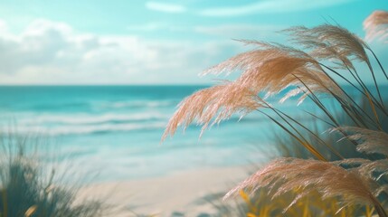 Serene Coastal Scene with Gentle Waves and Graceful Grass Dance