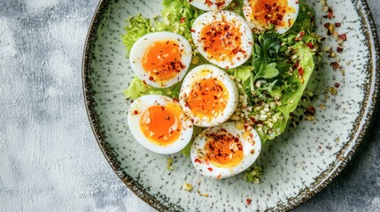 Delicious Soft Boiled Eggs on Fresh Green Salad with Spices