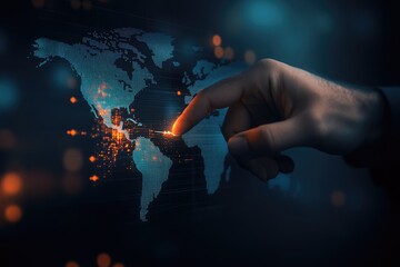 Hand pointing to highlighted region on digital world map