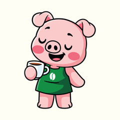 Cartoon Pig Drinking Coffee Illustration