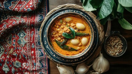 Traditional Spicy Curry with Vegetables and Herbs in Clay Pot