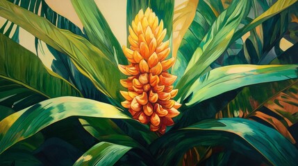 Vibrant Tropical Flower with Lush Green Leaves in Colorful Artwork