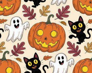 halloween seamless pattern, halloween, pumpkin, vector, autumn, pattern, illustration, seamless, orange, set, holiday, icon, october, celebration, design, cartoon, horror, spooky, fun, face, art, seas