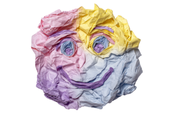 Colorful crumpled paper smiley face on black background, cut out