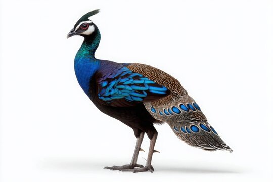 Palawan peacock pheasant  Image: Stunning Peacock Bird with Blue & Bronze Plumage on White Background, Isolated Wildlife Bird Portrait