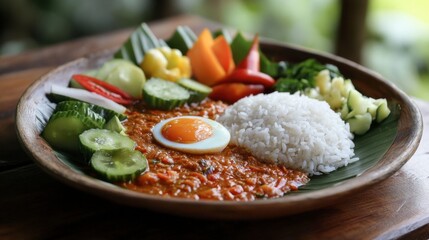 Delicious traditional meal with rice, vegetables, and chili sauce