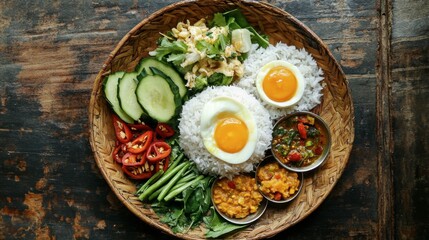 Freshly Prepared Vietnamese Rice Bowl with Egg and Vegetarian Dishes