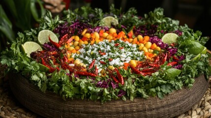 Colorful and Fresh Vegetable Salad Garnished with Red Peppers