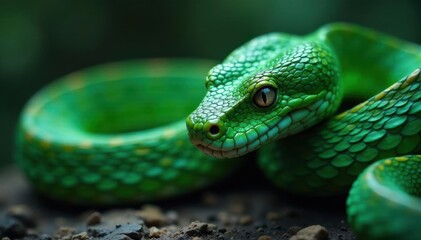 Fototapeta premium Sleek emerald serpent, vibrant scales shimmer , dark, reptile